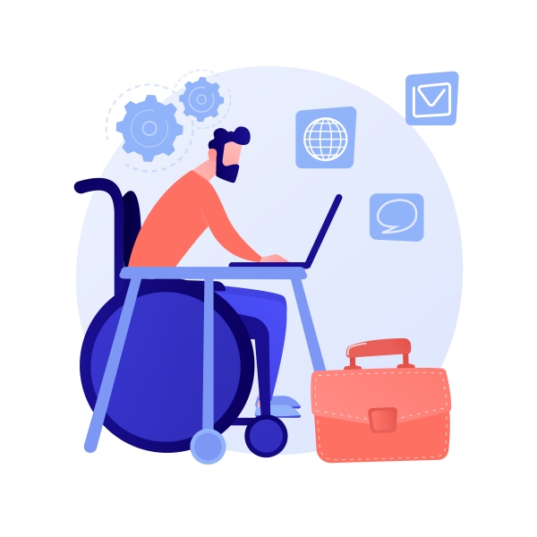 Illustration représentant une homme en fauteuil roulant travaillant à un bureau